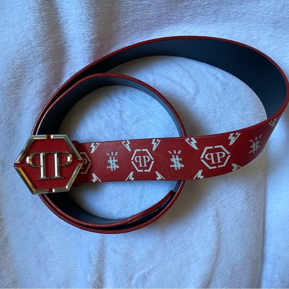 PHILIPP PLEIN BELT SIZE 105 HEXAGON PP MONOGRAM RED WHITE